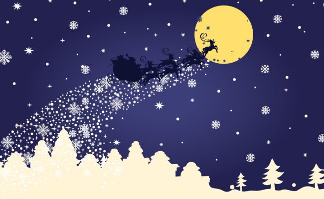 Graphic showing santa's sleigh in the night sky