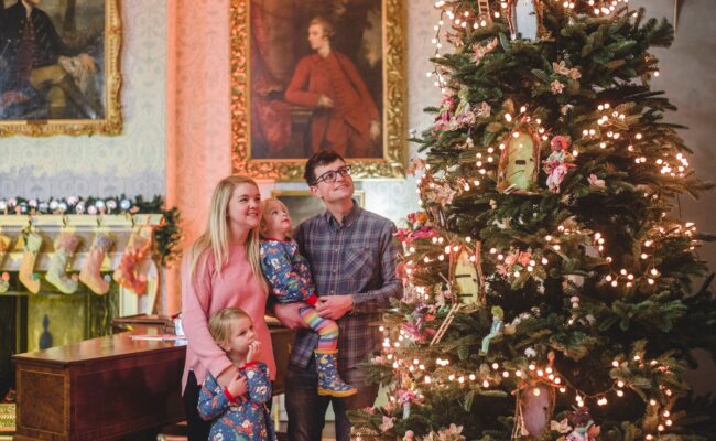 Family looking at a decorated Christmas tree