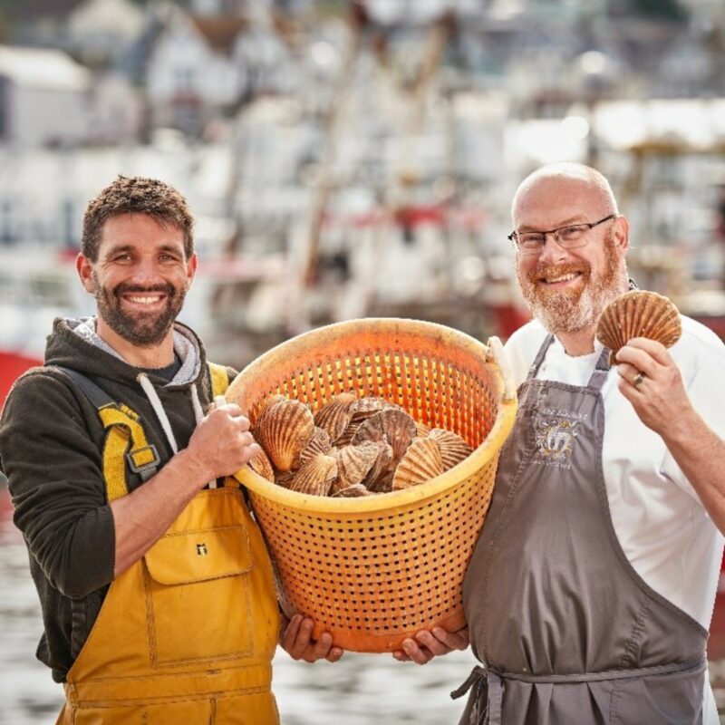 Simon Hulstone of The Elephant Restaurant and Frazer Pugh of The Hand Dived Scallop Company, promoting England's Seafood FEAST, in Brixham, English Riviera