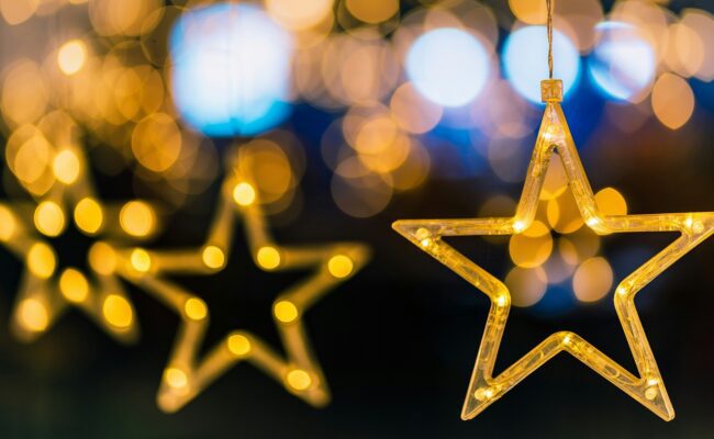 Photograph showing illuminated star decorations