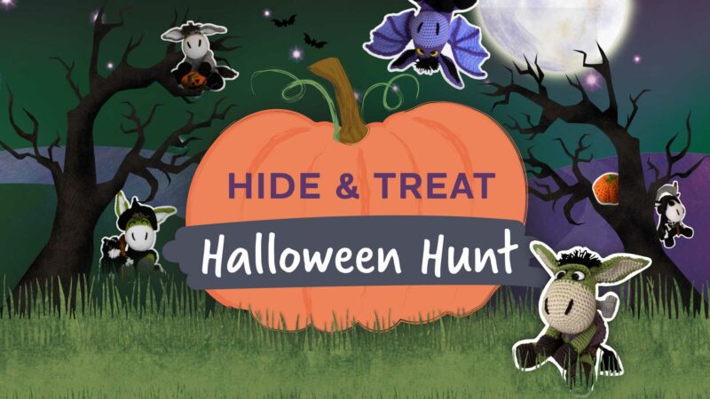 hide and treat trail pumpkin graphic with crocheted donkeys