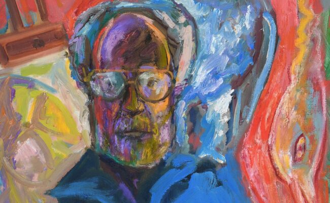 Detail of a painting showing a man looking forwards wearing glasses, surrounded by bright colours