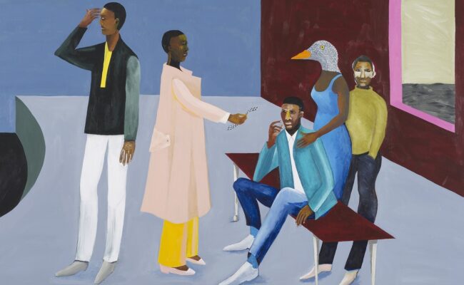 A colourful painting with surreal elements featuring a group of men and women