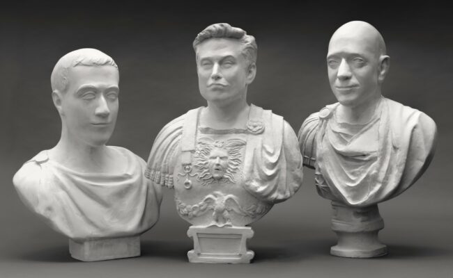 Photograph of three busts of men in classical style clothing