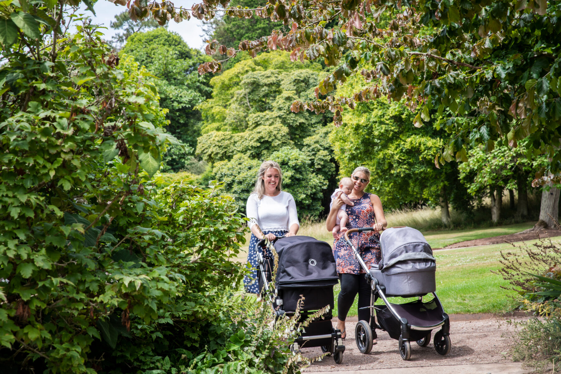 Visitors with babies pushing prams around the garden at Killerton