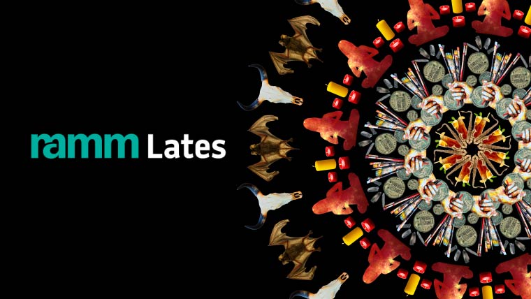 Graphic that says 'RAMM Lates' with a mandala of objects on a black background