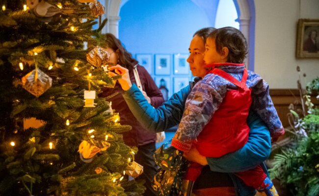 Child looking at a Christmas tree at Killerton