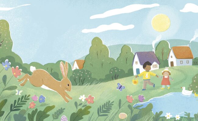 Illustration showing a rabbit in a field and a girl and boy walking near a pond