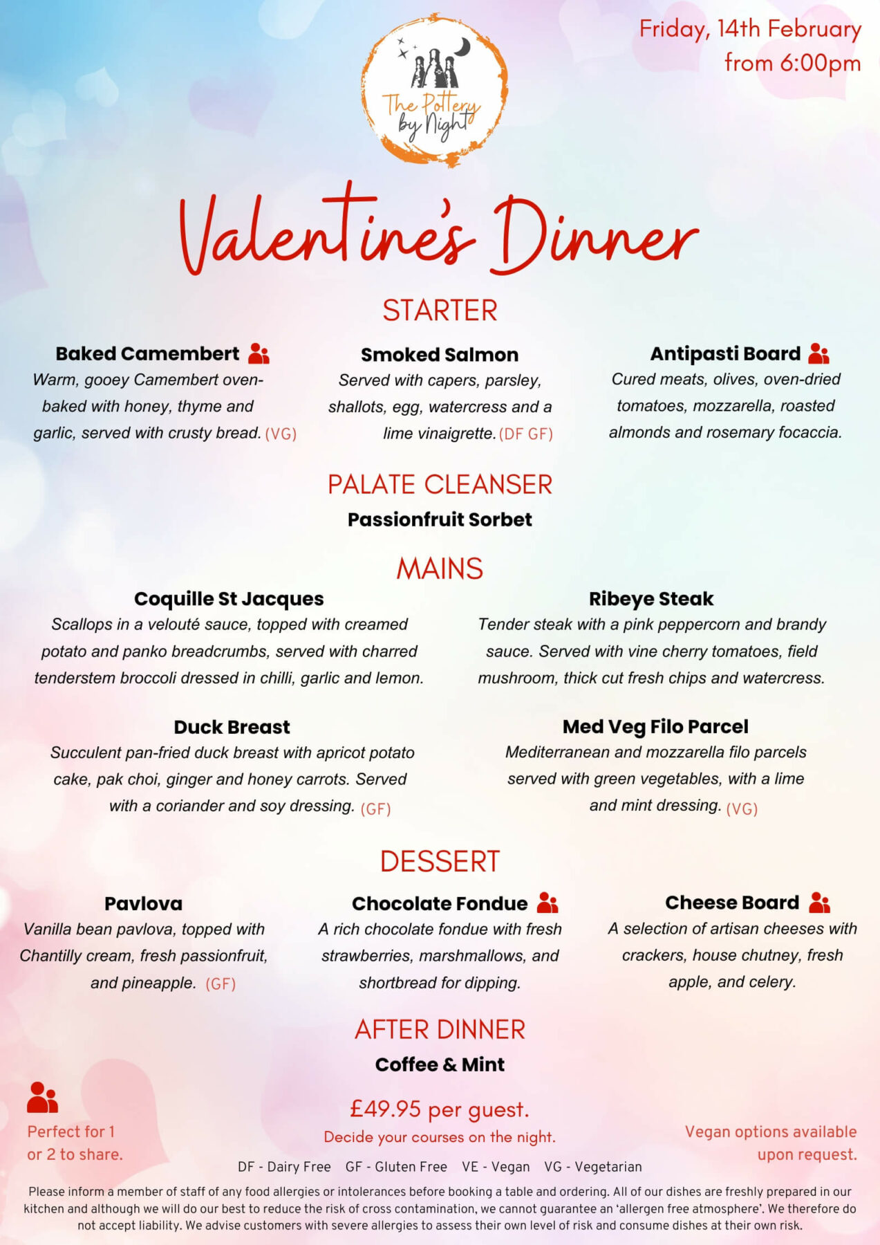 Valentine's Dinner Menu at The Pottery By Night