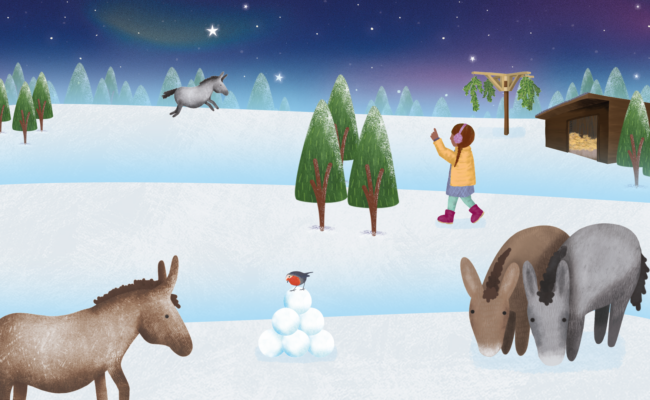 illustrated mini donkeys on a winter background