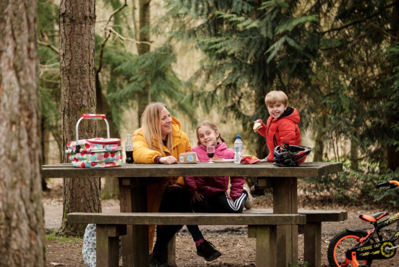 Family having a picnic at a forest table